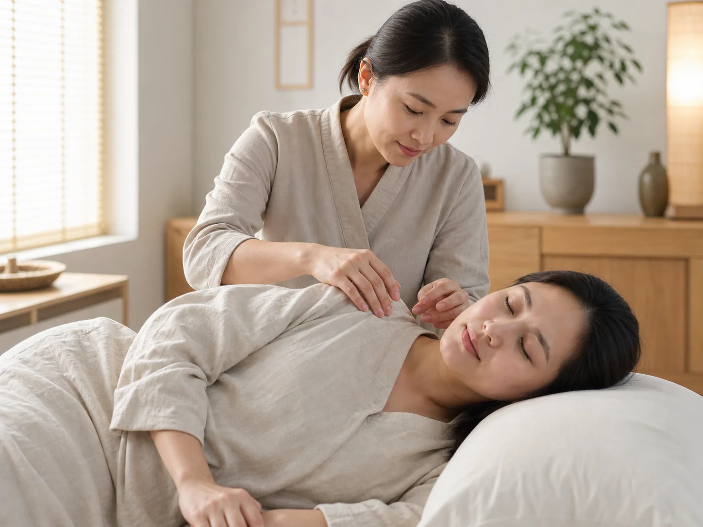 Professional practitioner providing a gentle acupuncture treatment.