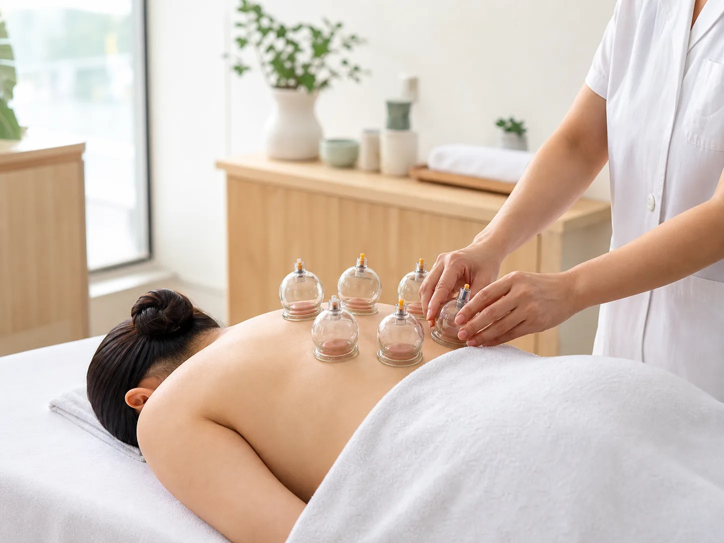 Professional cupping therapy in a clean treatment room.