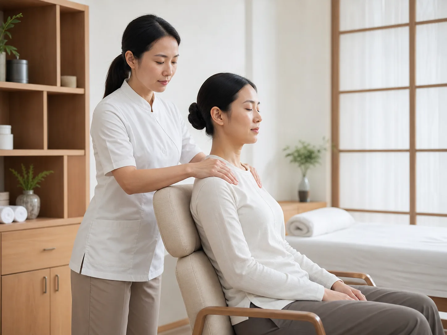 Practitioner providing traditional Tui Na bodywork for shoulder tension.